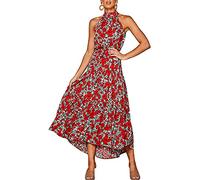Vestido Mujer Impresión de Lunares con Cuello Halter Bohemio Largo Verano Playa Fiesta Floral/Polka Dot Maxi Vestidos Cóctel Falda Larga con Cinturón (Rojo, XL)