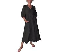 Vestido Mujer Lino Y Algodón Tallas Grandes Baggy Holgados Cuello en V Vestido Largo Mujer Comodos Elegantes Otoño Verano Formales Playa Ceremonia Long Dress (Black, L)