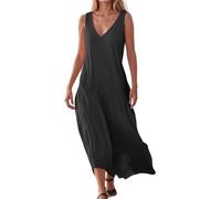 Vestido Mujer Lino Y Algodón Tallas Grandes Baggy Holgados Vestidos Largos Mujer Cuello en V Elegantes Y Comodos Verano Otoño Formales Playa Ceremonia Long Dress (Black, S)