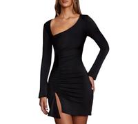 Vestido Mujer Manga Larga Sexy Ajustado Vestidos Corto Escote Oblicuo Dividida Mini Vestido Elegantes Plisado Bodycon Wrap Slim Fit Vestido para Fiesta Cóctel Noche Club