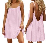 Vestido Mujer Verano Cortos Vestido Elegante Espalda Descubierta Vestidos Casual Cuello Redondo Tirantes Delgados Vestidos Sin Mangas Lino Talla Grande Dresses Fiesta Clásico Color Liso para Playa