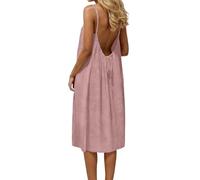 Vestido Mujer Verano Elegante Vestidos Casual Primavera Espalda Descubierta Dresses Largos Lino Tirantes Delgados Vestidos Fiesta Cuello Redondo Talla Grande Vestido Sin Mangas Color Liso para Playa