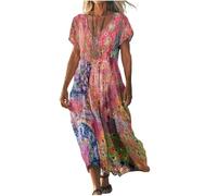 Vestido Mujer Verano Largo Casual con Cuello en V Manga Corta y Bolsillos, Vestidos Playa Maxi Sueltos Transpirables de Lino Boho Chic para Vacaciones y Diario Tallas Grandes Elegante