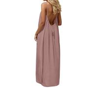 Vestido Mujer Verano Largos Vestido Casual Espalda Descubierta Dresses Sin Mangas Clásico Tirantes Delgados Vestidos Elegante Lino Talla Grande Vestidos Fiesta Cuello Redondo Color Liso para Playa