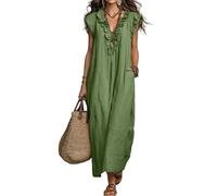 Vestido Mujer Verano Lino Color Liso Cuello En V Sin Mangas - Ropa De Mujer Verano Vestido Largo Anchos Cómodos Moda, Dress Descanso Playa Verde Militar S