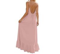 Vestido Mujer Verano Sin Mangas Vestidos Largos Tirantes Delgados Vestido Fiesta Primavera Espalda Descubierta Vestidos Elegante Cuello Redondo Talla Grande Dresses Casual Lino Color Liso para Playa