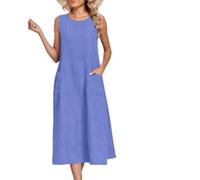 Vestido Mujer Verano,Vestido Camisero Mujer Verano,Casual sin Mangas con Cuello y Bolsillos de Color Liso para (Blue, L)