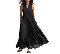 Vestido Mujer Verano, Vestido Graduación Adolescente Vestidos Casual Mujer Vestidos Largo Elegante De Color Liso con Botones Cuello En V Y Sin Mangas Estilo Casual Corte En A Ideal para La Playa O