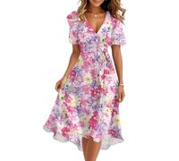 Vestido Mujer Verano, Vestidos De Mujer Verano Vestido Casual Vestidos Elegante De Manga Corta con Cuello En V Y Estampado Floral para Estilo Bohemio Fluido Midi con Volantes Casual Corte A para
