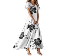 Vestido Mujer, Vestido Invitada Comunion Mujer Vestidos Primavera Vestidos Largo De Manga Corta con Cuello En V Y Estampado Floral Vintage para Estilo Bohemio Ideal para La Playa Ligero De Corte A