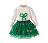 Vestido Navidad Bebe Niña, Conjunto de Fiesta para niñas: Top de Terciopelo con Mangas abullonadas y Falda con Lazo. Vestido de Dos Piezas para Las Fiestas. (Green, 2-3 Years)