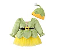 Vestido Navidad Bebe Niña Disfraz Elfo Mi Primera Navidad Bebe Disfraz Mama Noel Verde Vestido de Tul de Manga Largas con Gorro Y Pompones Traje de Papa Noel Bebé Disfraces Navideño para Fiestas