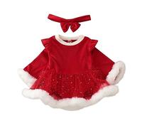 Vestido Navidad Bebe Niña Disfraz Mama Noel Mi Primera Navidad Bebe Traje de Papa Noel Vestidos Rojo de Franela con Dobladillo de Felpa Falda de Malla con Lentejuelas de Estrella, Volante, Diadema