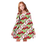Vestido Navidad Bebe Niña, Vestido de Princesa de Manga Larga para Fiesta de Navidad con Estampado de Ciervos y árboles de Navidad para niñas pequeñas (Dark Green, 6-7 Years)