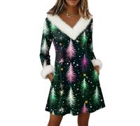 Vestido Navidad Mujer Disfraz Navidad Estampado Vestidos De Fiesta Mujer Christmas Elegantes Manga Larga Festivo Navideña Disfraces Chic Felpa Sexy Invierno Otoño Ropa Verde Oscuro S