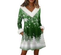 Vestido Navidad Mujer Disfraz Navidad Vestidos De Fiesta Mujer - Estampado Christmas Elegantes Coctel Festivo Cuello Redondo Ropa Sexy Invierno Otoño Chic Felpa Disfraces Verde XXL