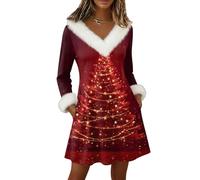 Vestido Navidad Mujer Disfraz Navidad Vestidos De Fiesta Mujer - Estampado Christmas Elegantes Navideña Coctel Manga Larga Ropa Sexy Invierno Otoño Retro Felpa Disfraces bermellón L