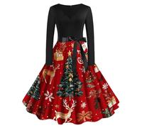 Vestido Navidad Mujer Elegantes Vestidos Coctel De A-Line Vintage Largo Cómodo Christmas Vestido para Noche Manga Larga Cuello Redondo Estampado Festivo Vestidos De Fiesta Navidad Disfraz Navideño