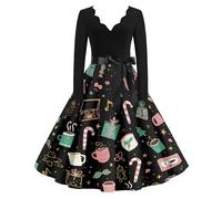 Vestido Navidad Mujer Vestidos De Fiesta Mujer Elegantes Disfraz Navidad Christmas Estampado Cuello Redondo Navideña Coctel Ropa Chic Felpa Sexy Invierno Otoño Disfraces Negro M