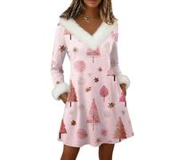 Vestido Navidad Mujer Vestidos De Fiesta Mujer Vintage Disfraz Navidad Christmas Estampado Manga Larga Coctel Navideña Ropa Sexy Felpa Chic Otoño Invierno Disfraces Rosa M