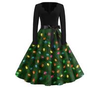 Vestido Navidad Mujer Vestidos De Fiesta Mujer Vintage Disfraz Navidad Christmas Estampado Manga Larga Coctel Festivo Ropa Chic Felpa Retro Otoño Invierno Disfraces Verde XXL