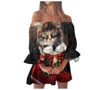 Vestido Navideno con Estampado Casual Perro para Mujer Una Línea Hombros Descubiertos