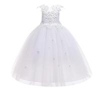 Vestido Niña Ceremonia Fiesta,Vestido de Tul de Boda,Blanco Ropón para Bautizo(8-9 años,Blanco,Tag 140)