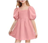 Vestido Niña,Lindo Manga Corta Vestidos Corto para Niñas Verano Cuello Cuadrado Color Sólido Vestido de Fiesta Elegante para Niños Mini Línea A Vestidos Festivo Chica Adolescente 3-12 Años