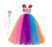 Vestido Niña Navidad Dorado - Vestido Largo Navideño para Niñas Vestido de Princesa de Malla de Caramelo Colorido Se Envía con Un Palito de Piruleta (10-12 Years)