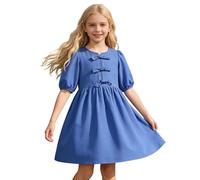 Vestido Niña Vestido Verano Niñas Corto Manga Globos Lazos Hombros Vestido Fiesta Bebés Niñas Sólido Confortable Vestido Casual Niña Talla Única Volantes Detalle Lazo Vestido niña Manga Globo