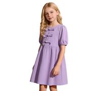 Vestido Niña Vestido Verano Niñas Corto Manga Globos Lazos Hombros Vestido Fiesta Bebés Niñas Sólido Confortable Vestido Casual Niña Talla Única Volantes Detalle Lazo Vestido niña Manga Globo