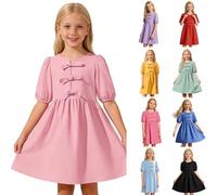 Vestido Niña Vestido Verano Niñas Corto Manga Globos Lazos Hombros Vestido Fiesta Bebés Niñas Sólido Confortable Vestido Casual Niña Talla Única Volantes Detalle Lazo Vestido niña Manga Globo