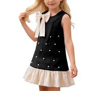 Vestido Niñas - Elegante Vestido De Verano para Niñas con Lazo Y Detalles De Perlas para Celebrar Una Fiesta De Cumpleaños (Black 6-7 Years)