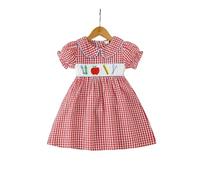 Vestido Niñas - Vestido De Verano para Niña con Bordado Floral A Cuadros Cuello Y Mangas Abullonadas Cómodo E Informal (Red 2-3 Years)