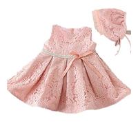 Vestido para 1er cumpleaños de niña con bonete de encaje y satén, 2 colores, cinto de lentejuelas, lazo, 1509 rosa rosa Talla:4-6 months