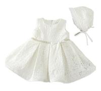 Vestido para 1er cumpleaños de niña con bonete de encaje y satén, 2 colores, cinto de lentejuelas, lazo, 1509 blanco marfil Talla:0-3 Meses