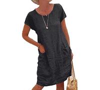 Vestido para concierto, vestido liso para uso diario, hasta la rodilla, cuello para mujer, color casual, bolsillos de verano, vestido redondo para mujer, vestido de algodón 100, Negro, XXL