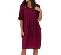 Vestido para mujer, con bolsillos de manga corta, longitud máxima, en algodón, para playa, vacaciones, verano, con detalles de diseño que incluyen vestido de manga corta con cuello redondo y vuelo