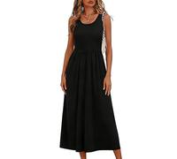 Vestido para mujer, con bolsillos sin mangas, longitud máxima, en poliéster, para playa, vacaciones, verano, con detalles de diseño que incluyen vestido sin mangas con cuello y vuelo, Negro, L