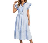 Vestido para mujer, con cuello mandarín de doble anillo en D a rayas, en nailon, para verano o uso casual; con detalles de diseño que incluyen cuello de vestido, manga con vuelo, fluido, azul, XL