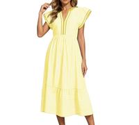 Vestido para mujer, con cuello mandarín de doble anillo en D a rayas, en nailon, para verano o uso casual; con detalles de diseño que incluyen cuello de vestido, manga con vuelo, fluido, amarillo, XL
