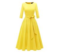 Vestido para mujer, con cuello redondo, color sólido, longitud media, en poliéster, para verano/noche; con detalles de diseño que incluyen vestido midi acampanado de línea de iglesia con cuello