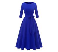 Vestido para mujer, con cuello redondo, color sólido, longitud media, en poliéster, para verano/noche; con detalles de diseño que incluyen vestido midi acampanado de línea de iglesia con cuello
