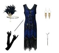 Vestido para mujer de los años 20, disfraz de Great Gatsby, lentejuelas, perlas, flecos, vestido con accesorios, cuello de pico, sin mangas, vestido de fiesta Charleston para carnaval, moda de noche