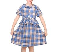 Vestido para niña Azul Tartán Botón Manga abullonada Peplo Diamante de imitación Pijo Vendimia Fiesta Casual 6 años