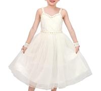 Vestido para niña Blanco Flor Sin Mangas Encaje Tul Perla y Diamante de imitación Adornado con Muñeca Esposas 8 años