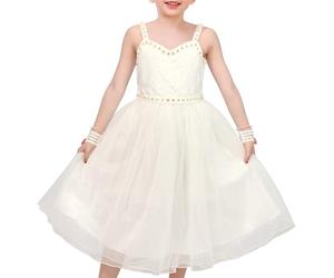 Vestido para niña Blanco Flor Sin Mangas Encaje Tul Perla y Diamante de imitación Adornado con Muñeca Esposas 6 años