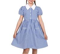 Vestido para niña Cuadros Vichy Azul Marino Soplo Manga Corta Botón Bolsillo Colegio Todos los días 8 años