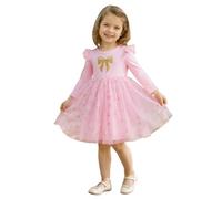 Vestido para niña Manga Larga con Volantes en Hombros Estampado de Lazo Brillante Falda de Tul con Detalles Dorados Ropa de Fiesta Infantil