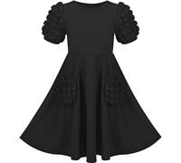 Vestido para niña Negro Sólido Color Volante Fruncido Soplo Manga Corta 3D Bolsillo Princesa 5 años